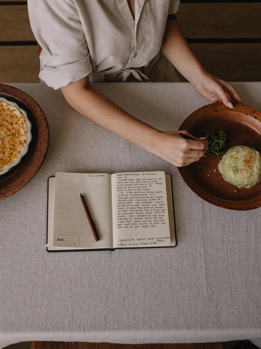 Overhead of a rustic dish being styled
